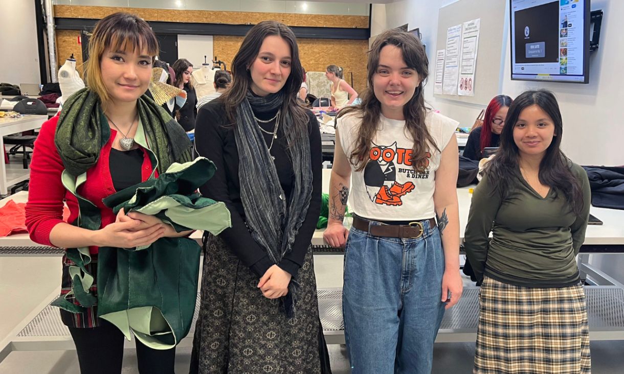 RMIT Fashion students: Devorah Ruskin, Vassi Mihalopoulos and Kiera Lloyd with Fringe artist Abbey Paige Williams.