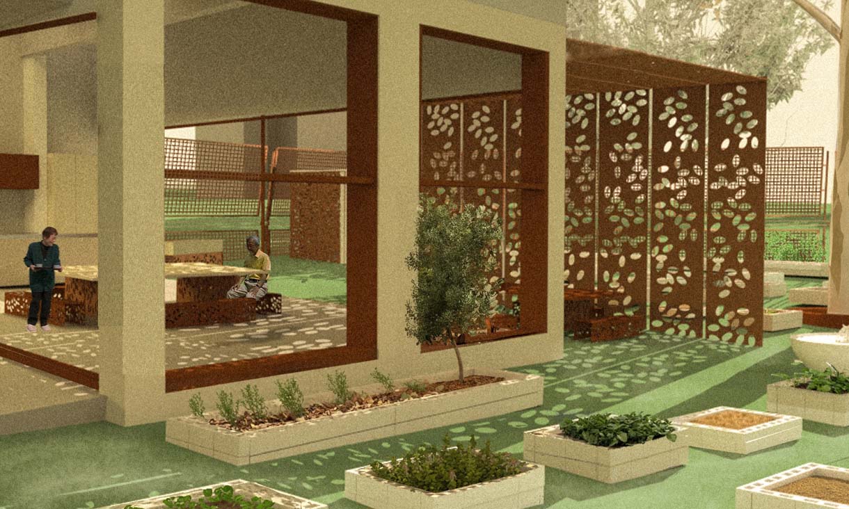 Illustration of an interior/exterior outdoor community green space.
