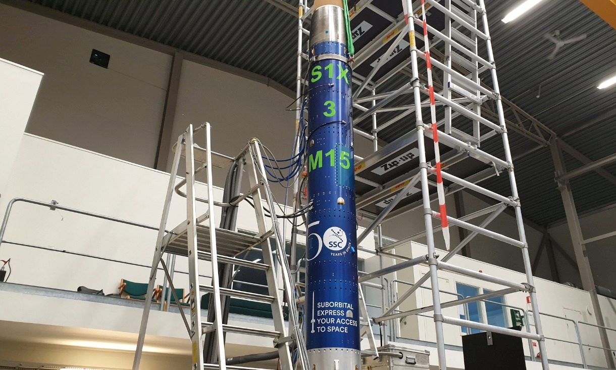 The payload section of the Suborbital Express 3 - M15 59 sounding rocket on the assembly pad.