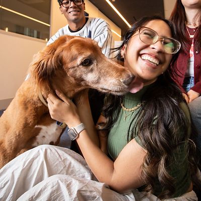 Female student smiling while petting a dog, with another two students seated behind her.