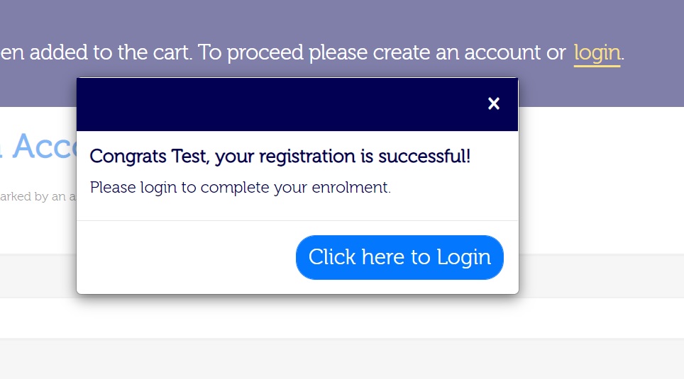 Screenshot of successful registration message